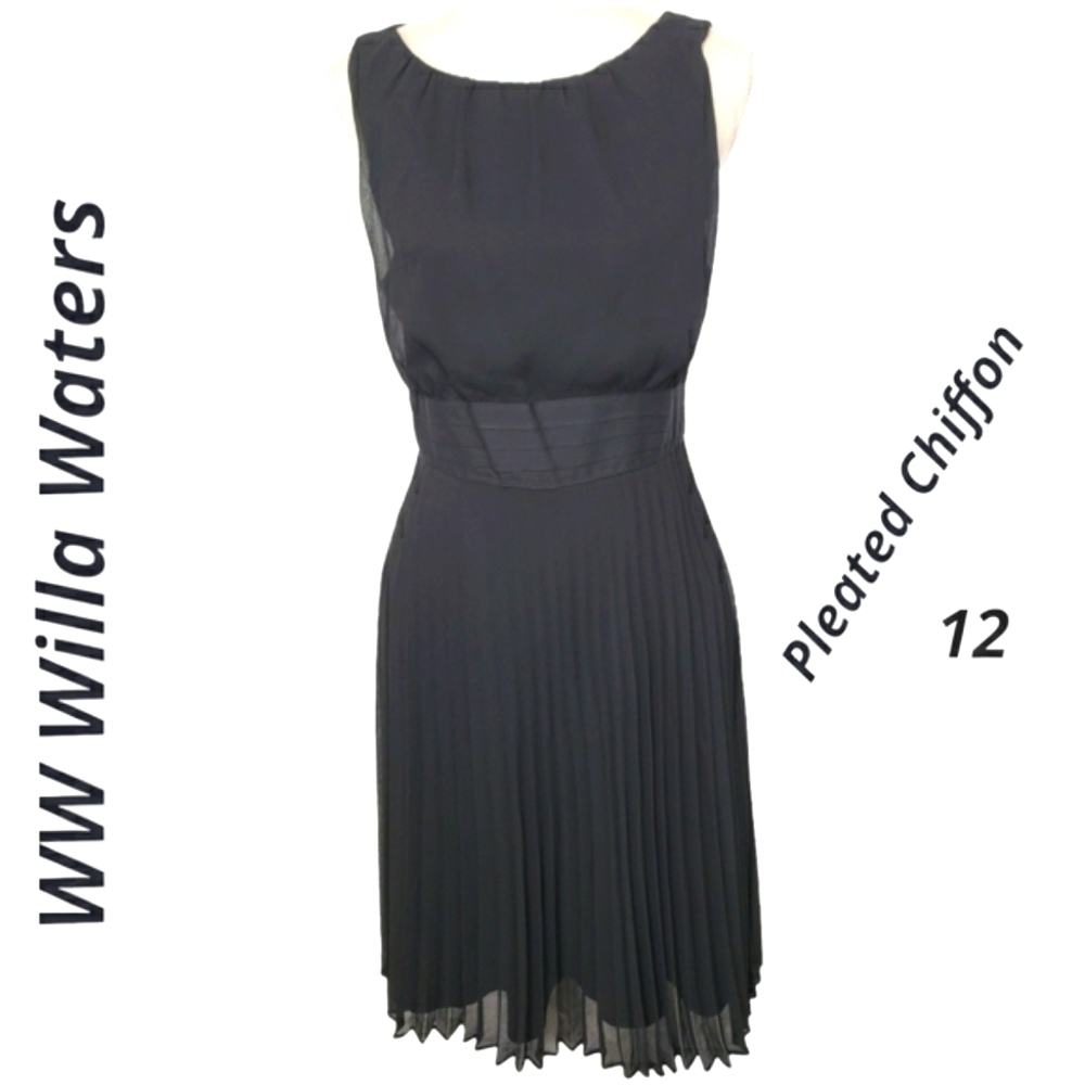 Ww Willa Waters Black Chiffon Pleasted Dress Cocktail Wedding Guest 12 VGUC